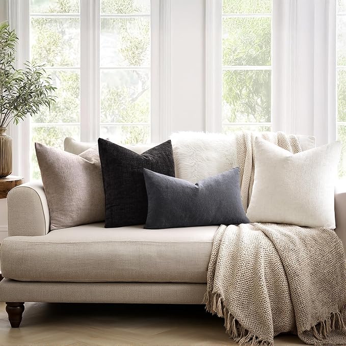 MIULEE Grey Chenille Couch Lumbar Throw Pillow Covers, 12x20 | Set of 2, Soft Farmhouse Modern Home Decor, Decorative Pillowcases for Sofa Living Room Bed