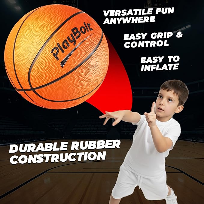 PlayBolt Size 3 Mini Basketballs (3 Pack) - 7-Inch Junior Rubber Basketball Set with Pump - Youth Beginner Kids Basketballs for Backyard Pool Parties, Arcade Games, Practice, Indoor & Outdoor Play