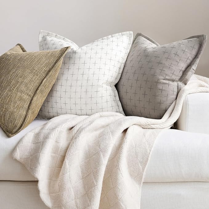 Pillow Covers 22x22 Set of 2 Soft Polyester Textured Pillow Covers with Stylish Flange Edge Cozy Farmhouse Throw Pillows for Couch Bed Sofa Living Room