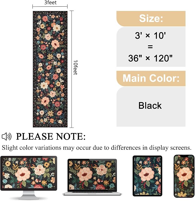 DUKINO 3x10 Runner Rug, Floral Washable Kitchen Runner Rug Non Slip, Black | Soft, Low Pile, Stain Resistant Indoor Rug Runner for Hallway, Entryway, Bedroom, Bathroom, Modern Home Decor, Pet Friendly