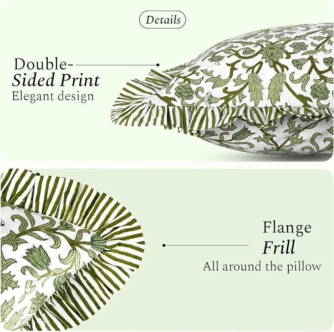 CPC Meadow Vine Hand Block Print 100% Cotton Ruffle Throw Pillow Cover 20x20 inch with Hidden Zipper Decorative for Couch, Bed, Sofa, Farmhouse, Cottagecore Decor Gift Christmas Fall Thanksgiving
