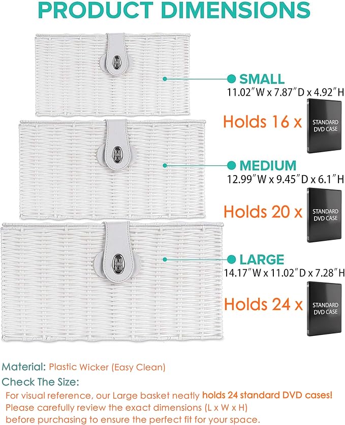 Set of 3 Woven Wicker Storage Basket Box with Lids & Lock, Built-in Carry Handles, Multifunctional Storage Organizer for Nursery, Baby, Clothes, Toys, Books, Large/Medium/Small Size (White)