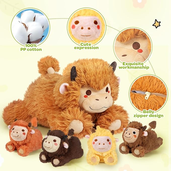 KMUYSL Highland Cow Stuffed Animal for Girls Ages 3 4 5 6 7 8+ Years Old, Mommy Cow Animals Plush Toys with 4 Baby Calves, Soft Animal Stuffed Toys Set, Christmas Birthday Gifts for Kids Girls