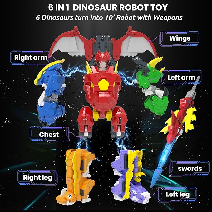 Wenbeier Robot Dinosaur Toy 6-in-1 Transforming Robot Toys Take Apart Toys Including 6 Dinosaur Action Figures with Weapon Deformation for Boys and Girl Ages 6 7 8 9