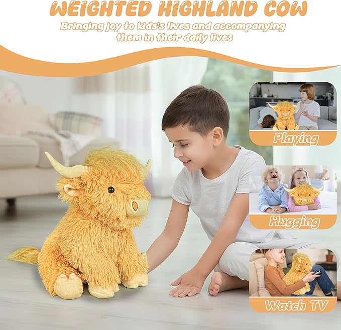 Highland Cow Weighted Stuffed Animals, 4 Lbs Yellow Highland Cow Plush 13.7 Inches, Surprise Weighted Stuffed Animals Gift for Kids Birthdays, Halloween, Christmas (Yellow)