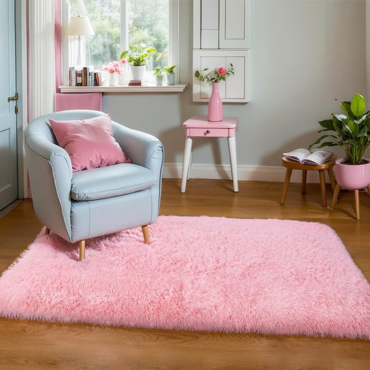 3x5 Thick Pink Fluffy Shag Rug for Girls Bedroom, Plush Carpet | Area Rug for Living Room, Kids Nursery, Boys Dorm Room, Machine Washable Shaggy Floor Carpet