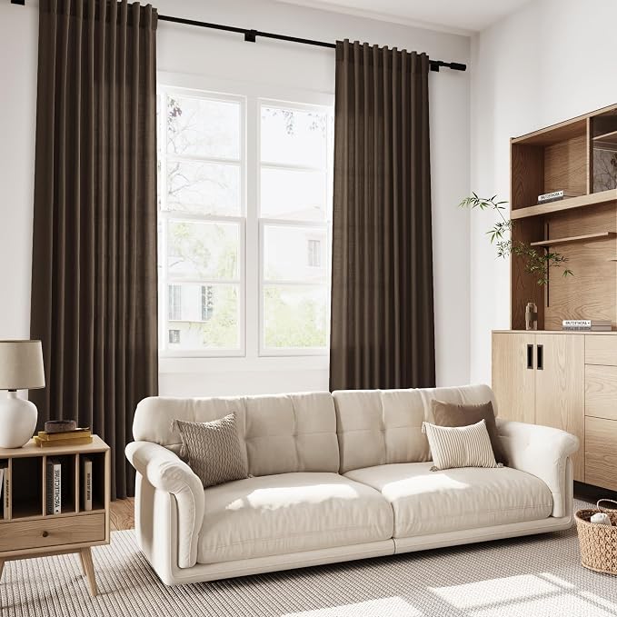 Chocolate Curtains 63 Inches Long 2 Panel Sets for Living Room Bedroom, Light Filtering Linen Drapes for Kitchen Windows Rod Pocket or Back Tab Curtain,Semi Sheer 52x63