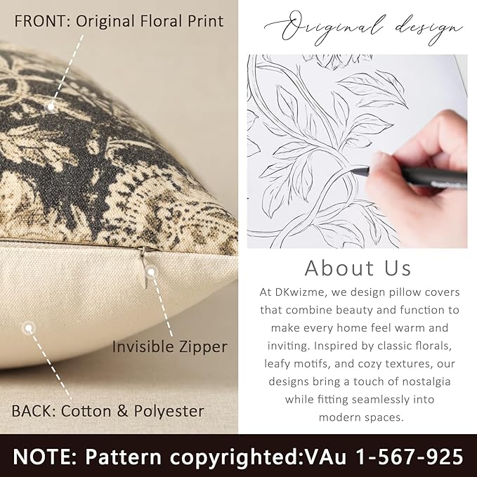 Vintage Floral Print Throw Pillow Covers 24x24 Set of 2 Neutral Modern Farmhouse Pillowcases Accent Decorative Cushion Covers Boho Home Decor for Couch Sofa Chair Bed Living Room, Black