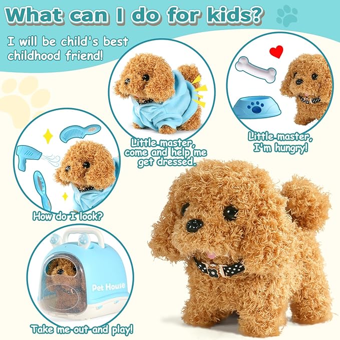 Walking Dog Toy for Kids with Leash, Realistic Toys for Girls Boys Toddler Toys, Barking Wagging Tail Interactive Dog Plush with Cute Cloak,Puppy Pet Care Gifts for Girls 3 4 5 Year Old Boys