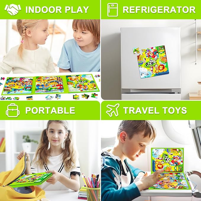 Magnetic Puzzles for Kids Ages 4-8, 3 in 1 Cartoon Jigsaw Puzzle Book, Toddlers Travel Puzzles Toys, Preschool Learning Toy for Children 3-8 Year (Green Zoo)