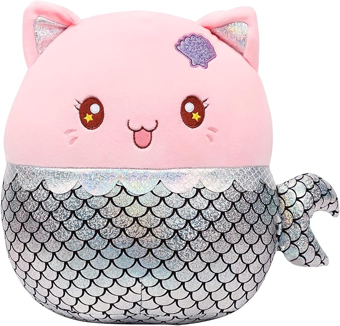 12” Mermaid Cat Plush Pillow Soft Mermaid Stuffed Animal Cute Cat Plush Toy Birthday Christmas Festival Gifts for Kids