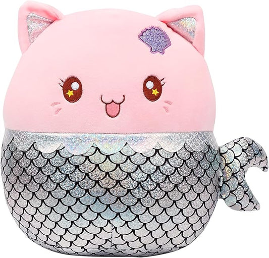12” Mermaid Cat Plush Pillow Soft Mermaid Stuffed Animal Cute Cat Plush Toy Birthday Christmas Festival Gifts for Kids