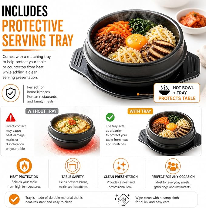 XICHENGSHIDAI Korean Stone Bowl, Dolsot with Tray, 37 Oz, Black | Heat-retaining bowl with tray for bibimbap, soup, stew and ramen; suitable for gas stovetops and ovens, not induction.