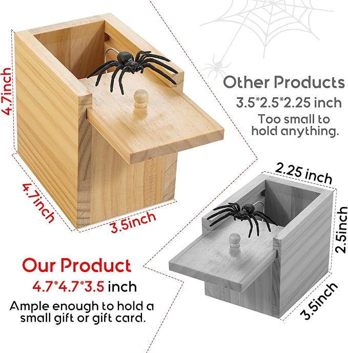 Large Spider Prank Box Gag Gift for Adults and Kids, Funny Wooden Box Spider Prank Toy, Halloween, Christmas, Birthday, or Anniversary Surprise Gift for Card Ring Chain Money, Practical Joke Toy