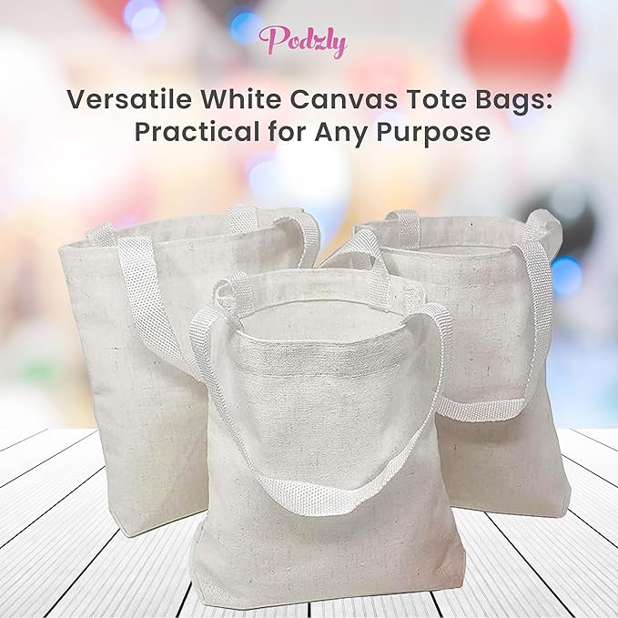 Podzly DIY Blank Canvas Tote Bags - Set of 12 Small 12" x 10" White Plain Totes for Crafting and Personalizing