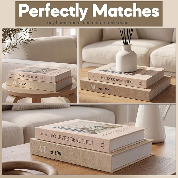 Decorative Books for Home Decor with Storage – Set of 2 Faux Linen Book Boxes with Aesthetic Covers – Enhance Your Coffee Table, Bookshelf Decor – Hidden Storage for Photos, Keepsakes, and Jewelry