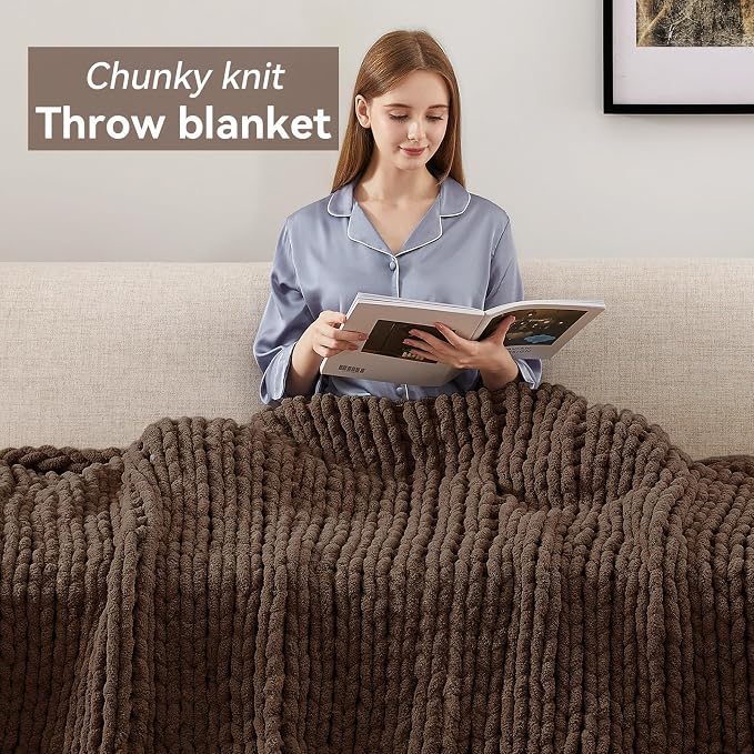 Negwoo Chunky Knit Throw Blanket, Knitted Throw Chenille Yarn, 50"*60" | Soft Thick Cable Knitted Blankets, Handmade Big Thick Blanket, Machine Washable Cute Comfy Blanket for Home Decor, Dark brown