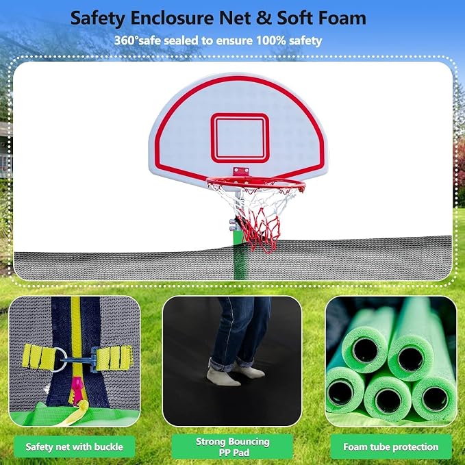 Lyromix Upgraded 16FT 15FT 14FT 12FT 10FT 8FT Trampoline Outdoor with Basketball Hoop and Net, Capacity for 4-6 Kids and Adults
