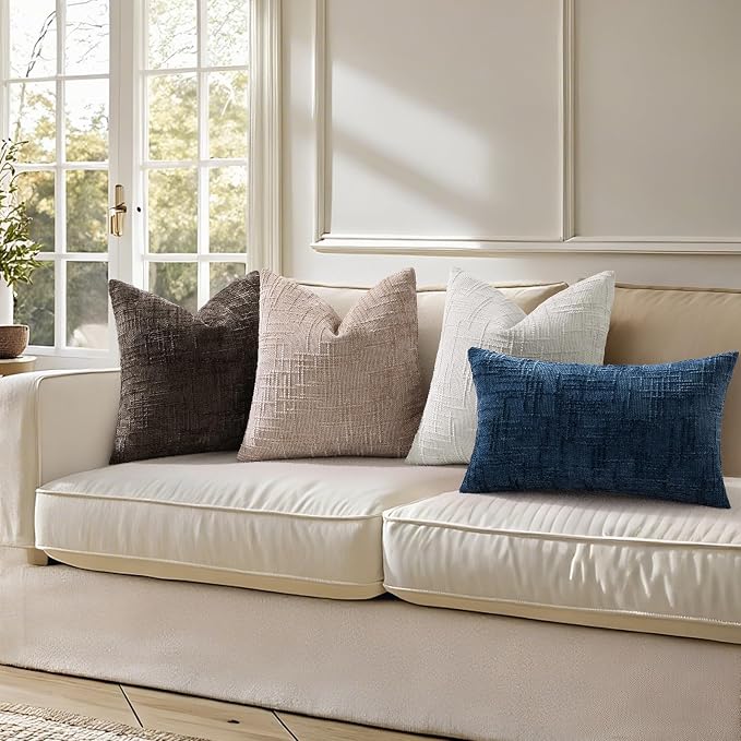decorUhome Textured Chenille Throw Pillow Covers 24x24 Set of 2 Light Grey | Fall Modern Farmhouse Soft Cozy Slubby Couch Pillow Cases Boho Decorative Pillow Cases for Bed Sofa Living Room Home Decor