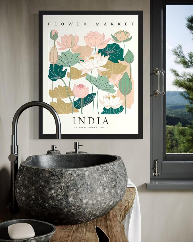 India, Lotus Unframed Art Print Poster, Flower Market Wall Art, Floral Artwork Decor for Bedroom, Kitchen, Bathroom, Livingroom Decoration 52 (India, Lotus, 20"L x 16"W, Unframed)