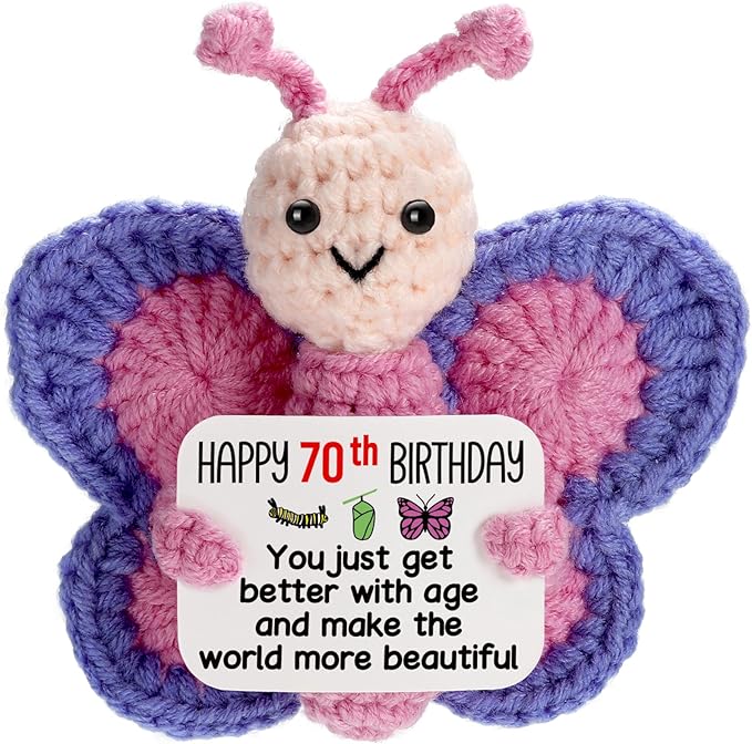 70th Birthday Gifts for Women, Tiny Crochet Butterfly Plush with Pink Purple Wings Holding Positive Note, Happy 70th Birthday Decoration & Gift for 70 Year Old Women