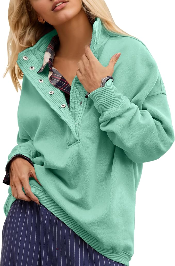 Gacaky Sweatshirt for Women Oversized Casual Long Sleeve Button Henley Neck Pullover Tops Fashion Outfits Clothes