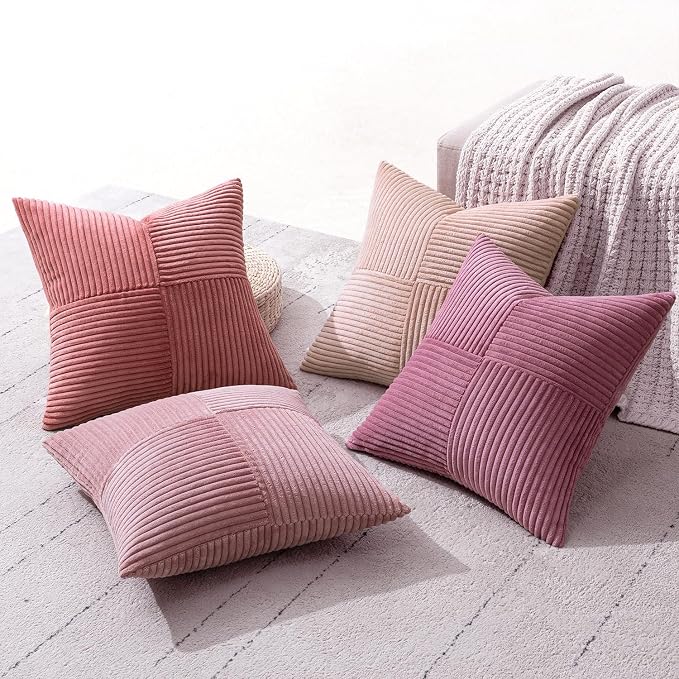 MIULEE Aesthetic Pink Throw Pillow Covers 18x18 Inch Set of 4 Spring Decorative Coquette Cushion Cases Cute Gradient Pillow Cases Corduroy Home Decor for Couch Sofa Living Room Bed Valentine Decor