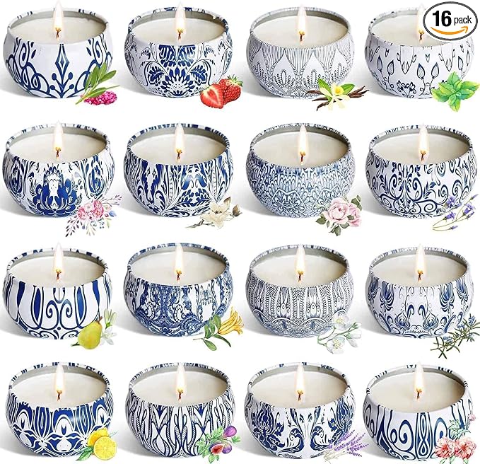 Set of 16 Small Scented Candles Gifts,Blue and White Aroma Naturals Candles,2.5 OZ Soy Wax Travel Tin Jar Candles,Appropriate Gifts for Mom,Christmas, Birthday, Thanksgiving,Christmas Celebrations.