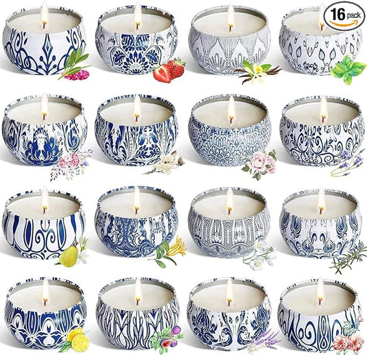 Set of 16 Small Scented Candles Gifts,Blue and White Aroma Naturals Candles,2.5 OZ Soy Wax Travel Tin Jar Candles,Appropriate Gifts for Mom,Christmas, Birthday, Thanksgiving,Christmas Celebrations.