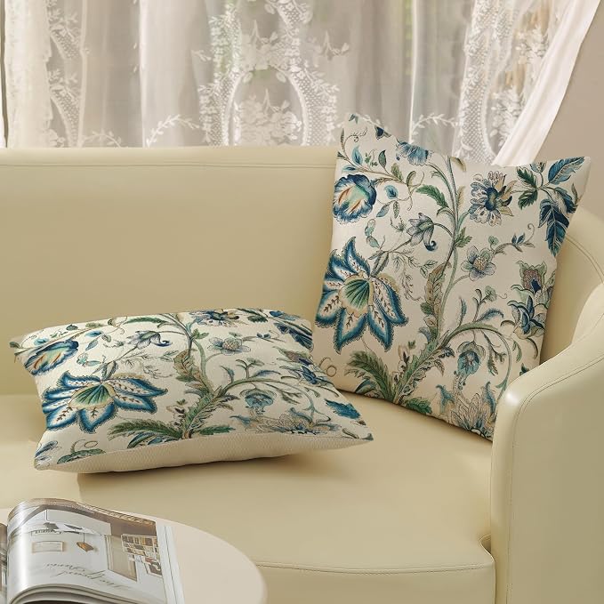Blue Green Pillow Covers 18x18 Set of 2 Sage Green Chinoiserie Floral Throw Pillows Boho Vintage Flowers Decorative Pillowcase Outdoor Chinoiserie Decor Farmhouse Cushion Case for Couch Sofa