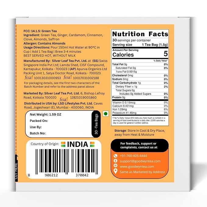 Goodwyn Kashmiri Kahwa Green Tea, 30 Tea Bags | Saffron, Almonds & Spices | Natural Low Caffeine Herbal Blend | Plastic Free Bags