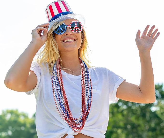 4th of July Necklace Accessories, 72PCS Independence Day Beads Necklace Bulk, Round Fourth of July Red Blue Silver Beads Party Favors, Bead Bulk for Patriotic Parade Party Celebration