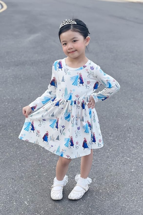 Disney Frozen Elsa Stitch Princess Minnie Mouse Toddler Girl Dresses 2 Pack Ruffle Long Sleeve Dress Set (3 Months - 6 Years)