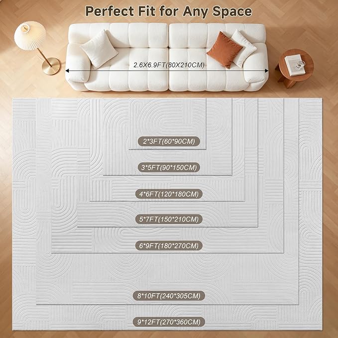 Pauwer 2x3 Area Rugs for Living Room, Modern Non Slip Washable Rug, White | Arch Pattern, Soft Fluffy, Neutral, Boho Accent, Solid Color Floor Carpet, For Kids Room Dining Room Nursery Entryway