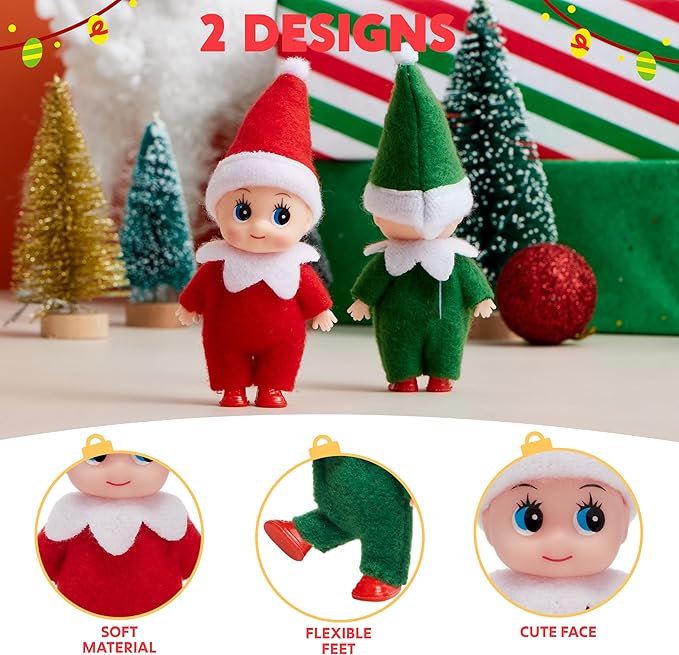 JOYIN 2PCS Christmas Elf Plush Doll, Red and Green Tiny Elf Doll with Clothes and Belt Pattern Soft Plush Accessories for Christmas Holiday Decorations, Dress-Up Party