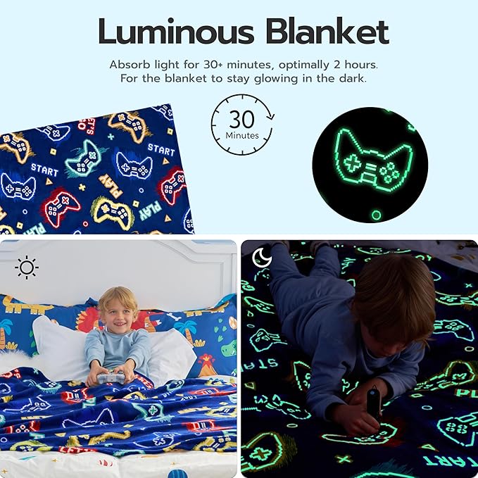 Joiedomi Glow in The Dark Gaming Blanket Gamer Gifts for Boys Age 2 3 4 5 6 7 8 9 10 11 12 Year Old, Soft Cozy Flannel Kids Throw Blanket, Birthday Bedroom Decor Dark Blue 50"×60"