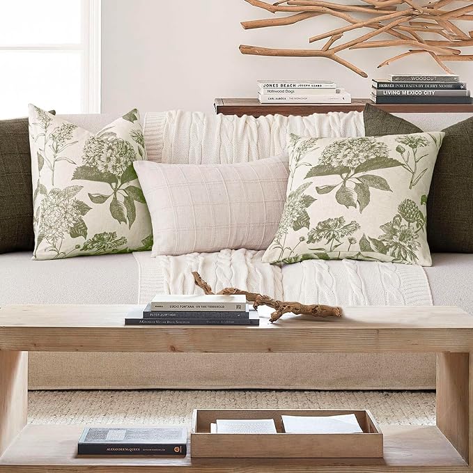 Foindtower Set of 2 Linen Floral Throw Pillow Covers Neutral Vintage Print Decorative Cushion Covers Farmhouse Boho Home Decor for Sofa Chair Couch Bedroom Living Room,24×24 Inch,Sage Green