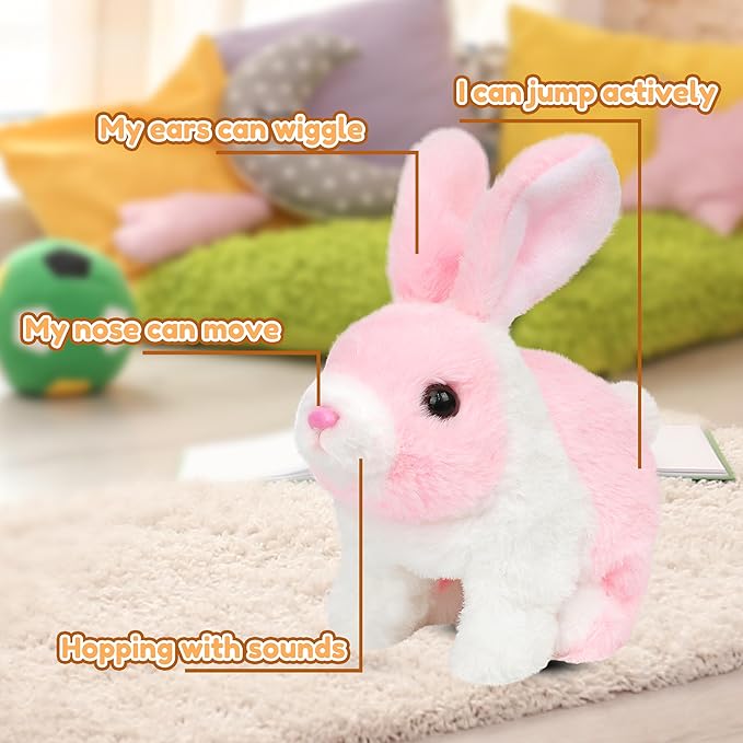 Easfan Hopping Bunny Interactive Pet Plush Bunny Toy Set with Sounds and Movements Rabbit Ears Moving Educational Plush Easter Birthday Gifts for Kids Girls, 7'',White-Pink