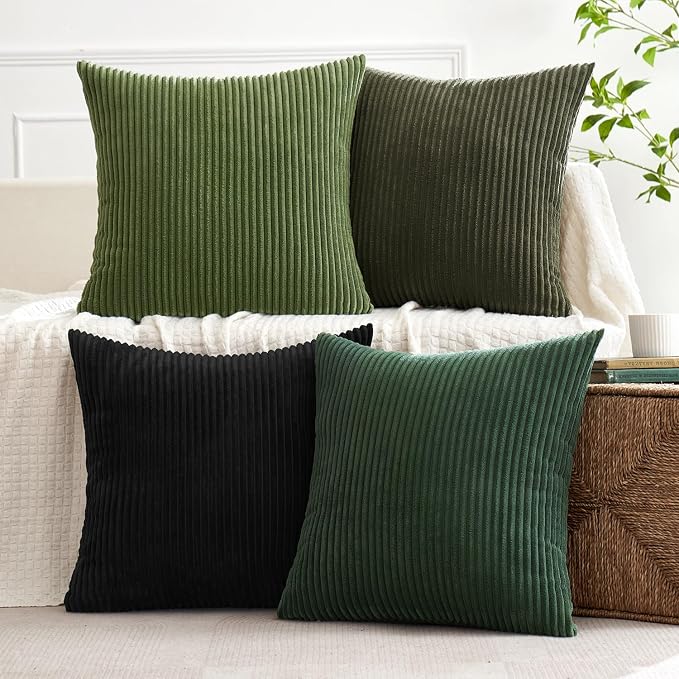 MIULEE Soft Corduroy Decorative Throw Pillow Covers Neutral Green 18x18 | Set of 4, Mordern Nordic Decor, Forest Bath Green Collection, Boho Farmhouse Cushion Covers for Couch Bed Sofa Living Room