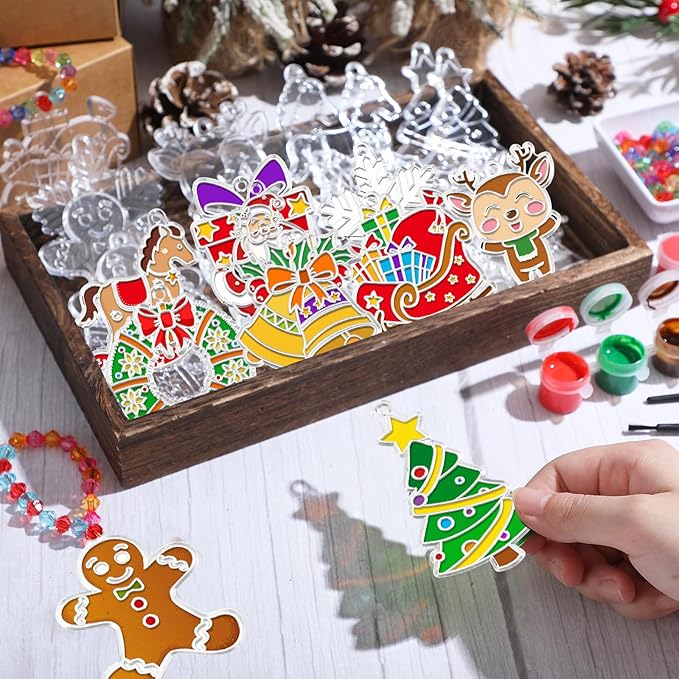 30 Sets Christmas Suncatchers Window Art Kits Xmas Santa Claus DIY Sun Catchers Crafts Bulk Paint Your Own Window Ornaments for Boys Girls Classroom Party Birthday Activity Home Decor