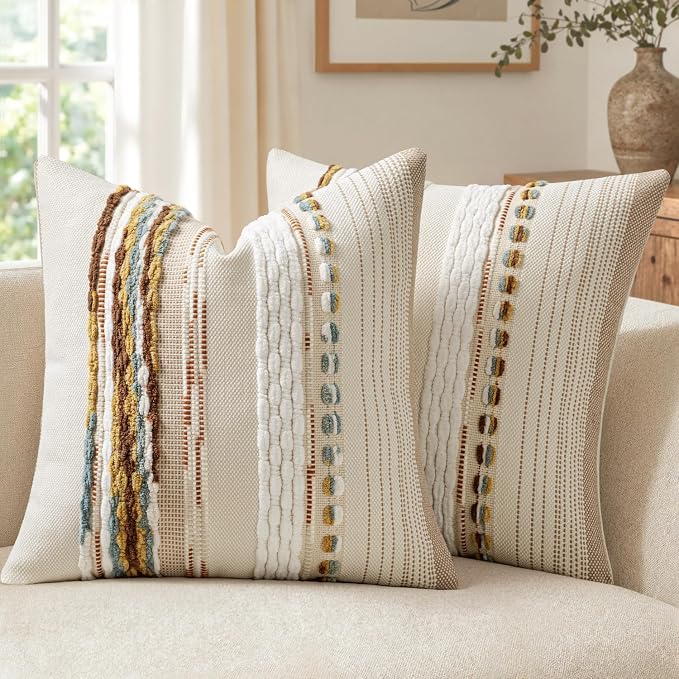 ANRODUO Decorative Boho Pillow Covers Orange White 20x20 Inch Pack of 2 | Throw Pillow Covers, Farmhouse Striped Pillow Covers, Chenille Tufted Pillow Cases, Neutral Pillowcase for Living Room Couch