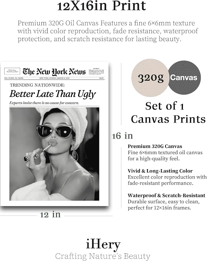 iHery 12x16in Audrey Hepburn Better Late Than Ugly Unframed Wall Art | Unframed Canvas Print, Vintage Fashion Wall Decor Poster for Bathroom, Bedroom, Apartment and Girl Dorm, 1Pack