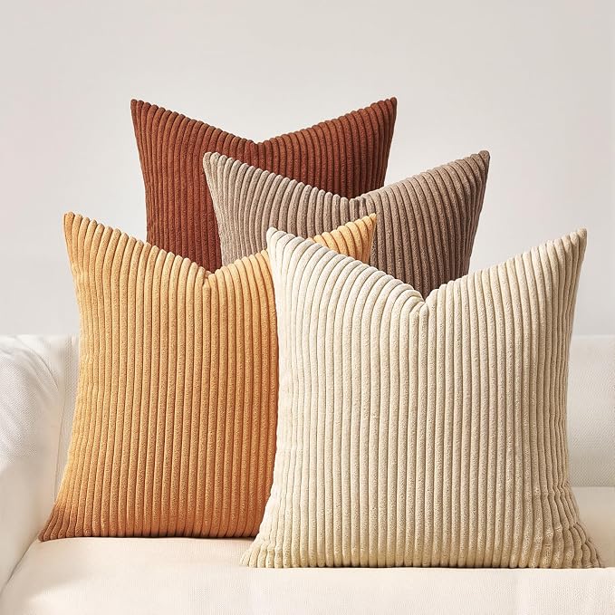 Topfinel Fall Soft Corduroy Throw Pillow Covers 18x18 Inch Yellow Brown | Set of 4 Farmhouse Striped Gradient Rustic Pillow Covers for Sofa Couch Living Room Bedroom