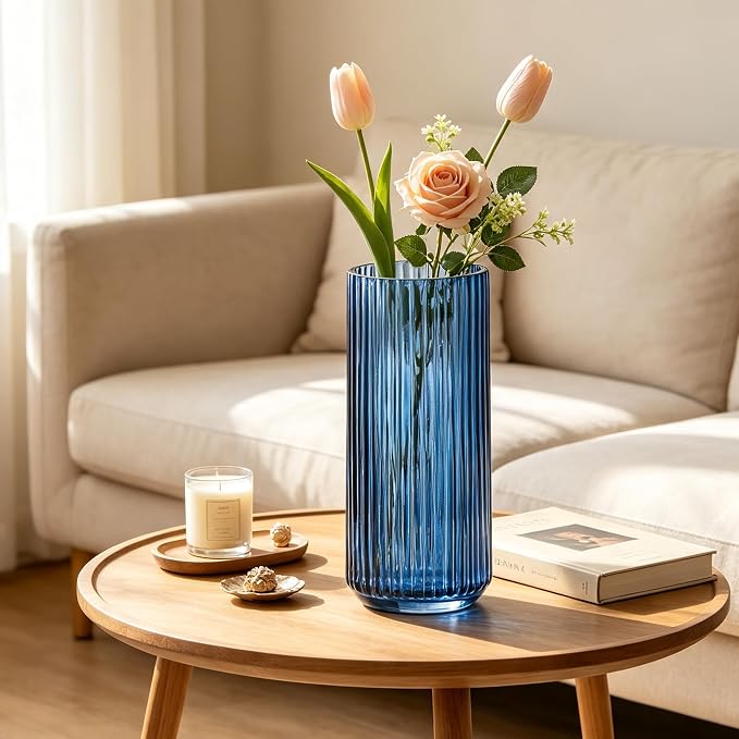 10 inch Blue Glass Flower Vase for Pampas Grass, Medium Decorative Centerpiece Ribbed Vase for Dining Table, Office Desktop, Shelf Bookshelf, Mantel, Entryway, Bathroom, Countertop,Gift
