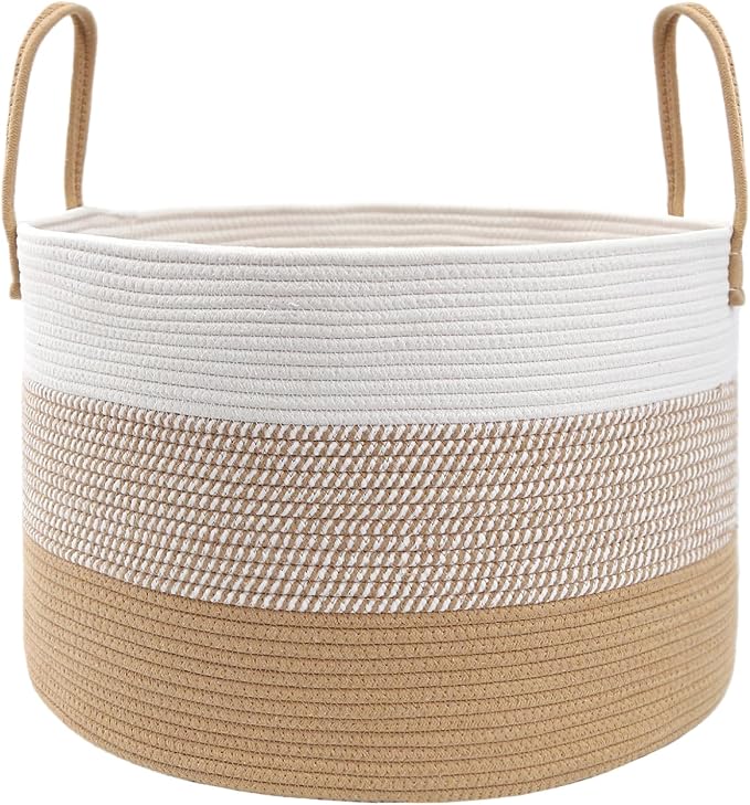JMvicyroam 65L Extra Large Machine Washable Cotton Rope Blanket Basket | Collapsible laundry hamper, Reinforced handles, For blankets,pillows,toys and clothes, Living room and bedroom,White&Jute Mix