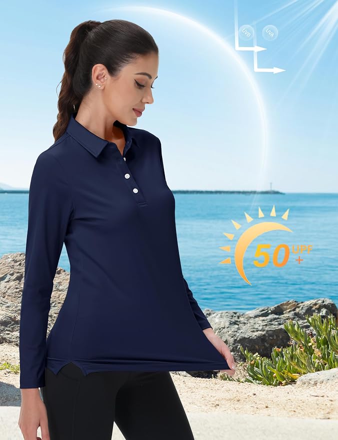 MAGCOMSEN Long Sleeve Polo Shirts for Women Golf Tops with Collar Work | UPF 50+ Sun Protection, 4 Buttons, Moisture Wicking, Breathable, 4-Way Stretch, Collared, Quick Dry, Active, Casual, Tennis