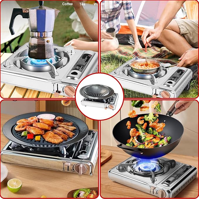 Detachable Grill Pan & Gas Stove Combo with Safety Auto-Eject | Portable Suitcase Design for Camping, Tailgating, Picnics, Indoor/Outdoor Cooking & Hot Pot