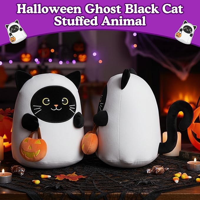 Halloween Ghost Stuffed Animal, Halloween Ghost Black Cat Plush Toy with Pumpkin Gifts for Girls Boys Decor 10 Inch