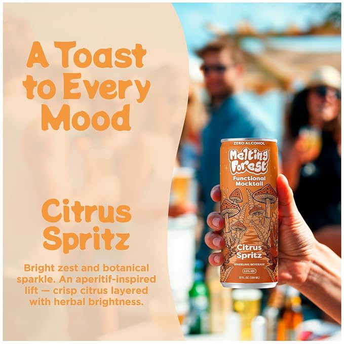 Melting Forest Functional Mocktail Citrus Spritz – Alcohol-Free, Euphoric Adaptogen Drink with Reishi, Antrodia, Lion’s Mane, Ashwagandha – 10 Calories, Vegan, Gluten-Free (4 Pack)