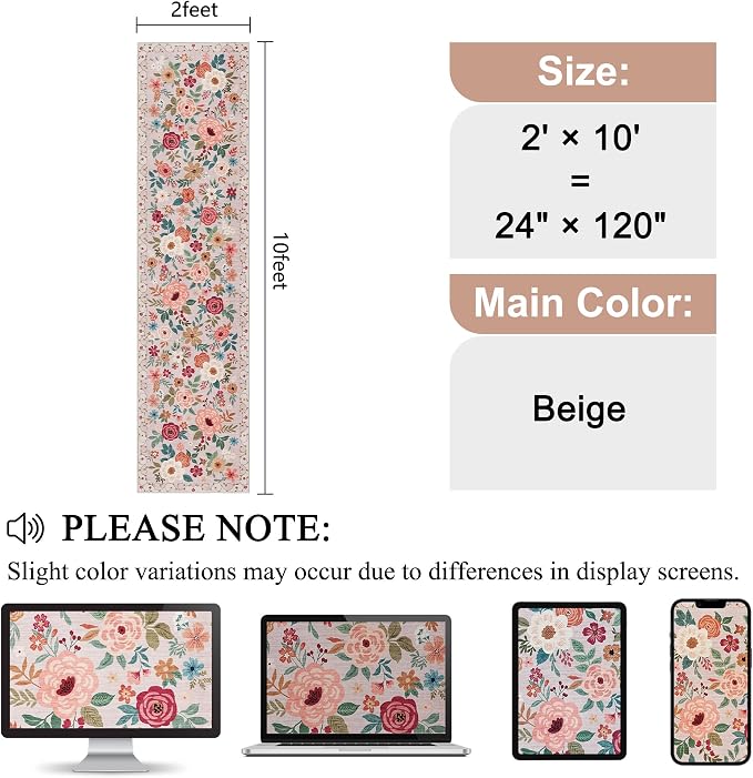 DUKINO 2x10 Runner Rug, Floral Washable Kitchen Runner Rug Non Slip, Beige | Soft, Low Pile, Stain Resistant Indoor Rug Runner for Hallway, Entryway, Bedroom, Bathroom, Laundry, Pet Friendly, Home Decor